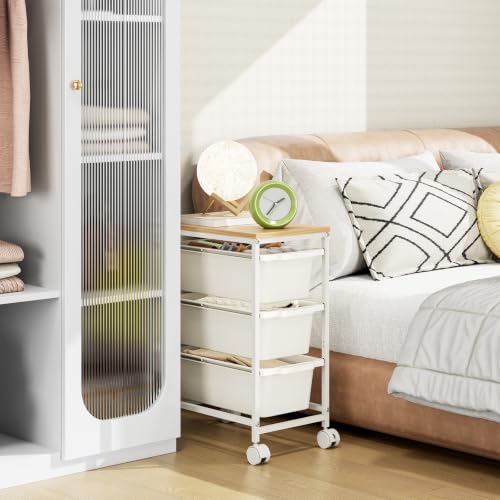 KINGBOARD White 3-Drawer Slim Rolling Cart with Wooden Top - 14.37 x 9.65 x 21.26 in
