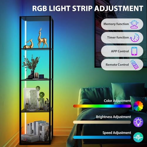 5 Tiers RGB Corner Shelf with LED Light, 63.78" Tall Display Shelf for Collectibles, LED Corner Floor Lamp with APP and Remote Control for Living Room Bedroom
