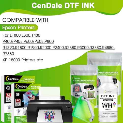 DTF White Ink 500ML - Upgraded High Viscosity, No Sediment DTF Ink for ET-8550 XP-15000 L1800 L805 R1390 R2400 DTF Printers, Heat Transfer Printing Direct to Film