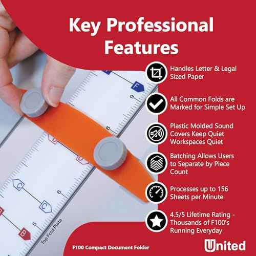 United Office Products F100 Automatic Paper Folding Machine, 200-Sheet Capacity, Folds Letter and Legal Size Paper, High-Speed Letter Folding Machine for Offices, Schools and Churches