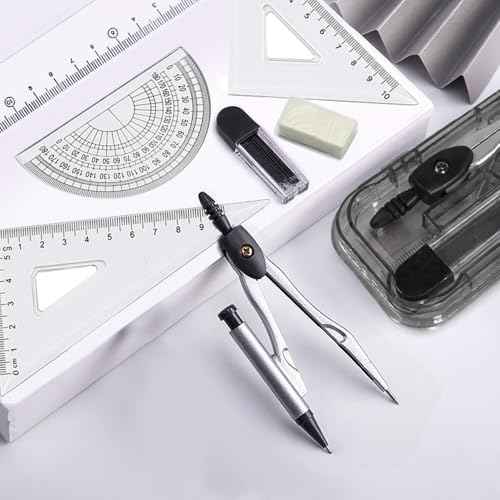 7 PCS Metal Circle Gauge Plus Set of Rulers Geometry Set Math Protractor and Drawing Use