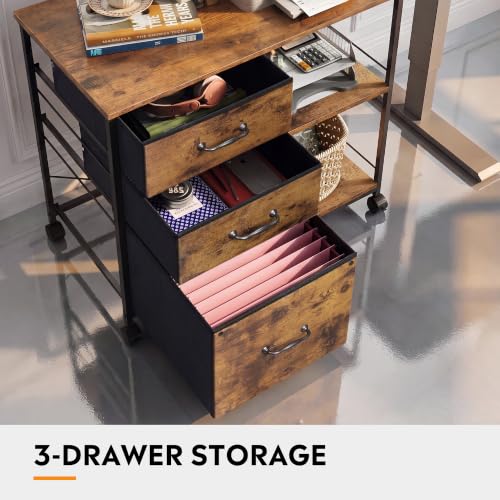 DEVAISE 3-Drawer Mobile File Cabinet with Fabric Drawers, Rustic Brown Wood Grain - No Charging Station