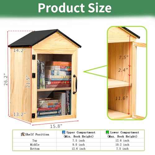 Little Library Box Outdoor, 2-Tier Waterproof Book Exchange Cabinet ? Solid Wood with Adjustable Shelves, Rust-Resistant Hardware for Community, Schools and Neighborhoods to Promote Reading & Sharing