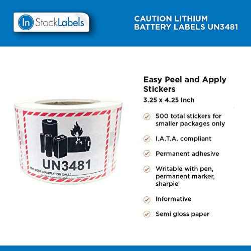 InStockLabels Lithium-Ion Battery Caution Label Stickers, 500 Labels, 3.25 x 4.25 Inch - Fragile Stickers for Shipping & Moving Lithium Ion Batteries, Strong Adhesive Safety Shipping Labels