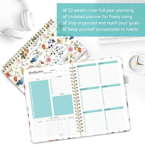 Undated Weekly Planner, Weekly To Do List Notebook with Goal & Habit Tracker Organizer, A5 Weekly Planner Notebook with Spiral Binding, 6.1" x 8.2" - Floral
