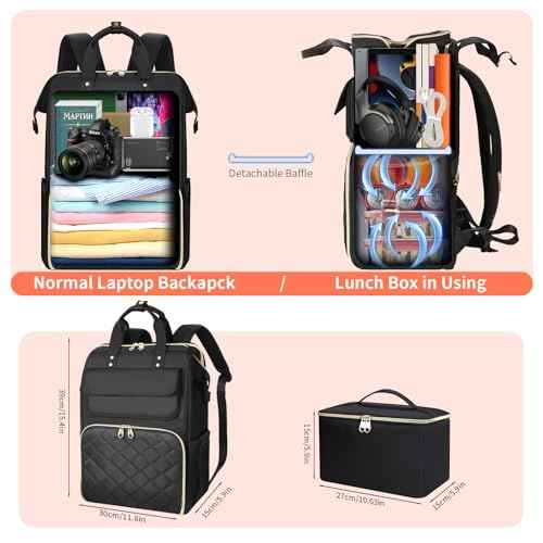 BERTASCHE Lunch Backpack for Women, 15.6 Inch Laptop Backpack with Insulated Cooler Lunch box, Nurse Backpack for Teacher Work Travel College Picnic, Black