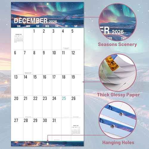 2026 Wall Calendar - Calendar 2026 with Big Grids,12" x 24" (Open), Thick Paper, Large Print Calendar 2026, 12 Pages of Natural Scenery, Best Choice for daily organization