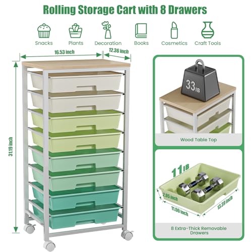 Rolling Storage Cart with 8 Drawers & Wooden Tabletop, Utility Cart with Wheels for Craft Storage, Home, School, Bedroom, Living Room, Dorm, Office, Classroom, Art Supply Storage Organizer Cart, Green