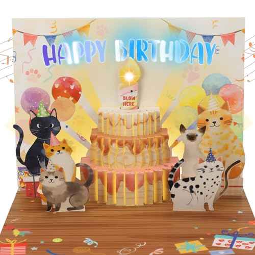 Musical Birthday Cards, Funny Pop Up Cat Birthday Card with Colourful Lights, Greeting Card with Blow Out Candles & DIY Numeric Ages, Birthday Cards for Kids, Boys, Girls, Men, Women, Wife, Cat Lovers