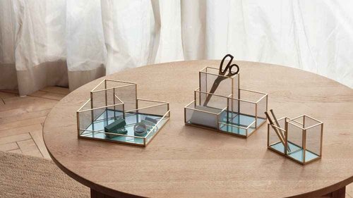 FONDAZZA Set of 2 Gold Desk Organizers for Home Office Supplies, Gold Brass and Blue Glass, 1 Each of 5-Compartments and 2-Compartments, Storage for Stationery, Cosmetic, makeup tools and Brush.
