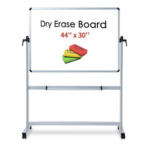 VIZ-PRO Double-Sided Magnetic Mobile Whiteboard,44 x 30 Inches Aluminium Frame and Stand, with 3 Colored Erasers