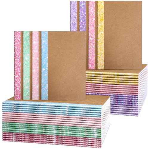 48 Pcs Composition Notebooks Bulk A5 Kraft Cover Lined Journals with Glitter Spines Small Travel Journal Notebook for Student School Office Supplies, 5.5 x 8.3 Inch, 60 Pages, 30 Sheets
