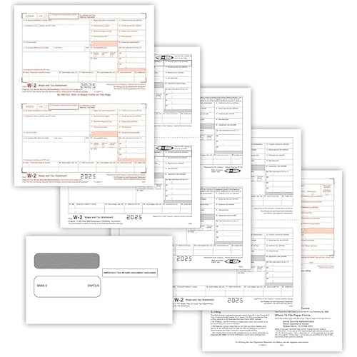 W2 Forms 2025 Income Set with envelopes, 6 Part 50 Employees Legal Laser Tax Forms kit and 6 W3s Transmittal Forms with 50 Self Seal Envelopes, Great for QuickBooks and Accounting Software