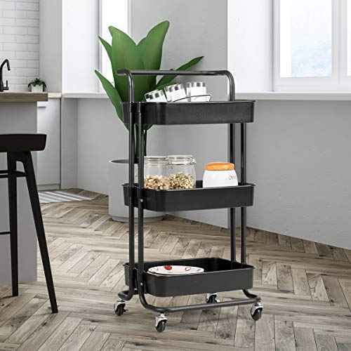 Giantex 3-Tier Utility Cart, Storage Rolling Cart with Casters, Multifunctional Organizer Cart with Top Handle, ABS Mesh Baskets, Storage Trolley with Brakes for Home and Office 16.5"x14"x34"(Black)