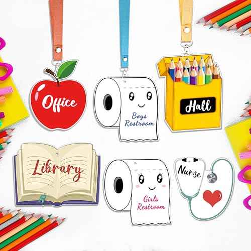 6 Sets Hall Passes for Classrooms - Unbreakable Wooden Hall Pass Lanyards, Classroom Passes for Bathroom, Hall, Library, Office and Nurse School Classroom Supplies Teacher Gifts