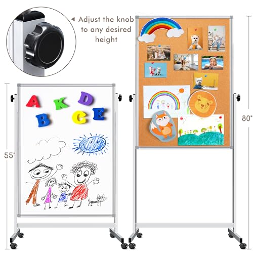 Double Sided Cork Board White Board, 32 x 48 inches Large Cork Board for Office, Height Adjustable Magnetic Dry Erase Board on Wheels, Portable Freestanding Natural Corkboard for Displaying, Planning
