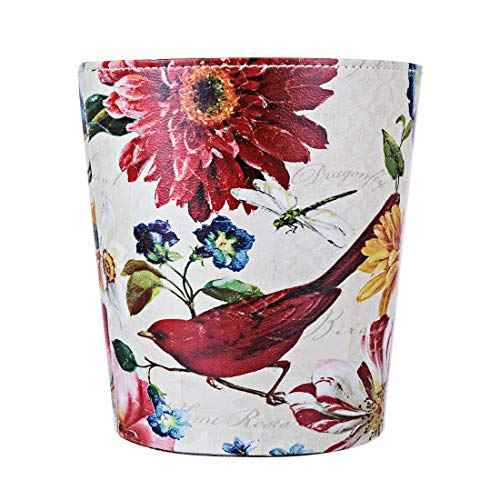 Leather Trash Can, Retro Decorative Waste Basket, 10L Capacity Small Waste Paper Basket, Waterproof Garbage Can for Bathroom, Bedroom, Office, Kitchen and Living Room - Red Bird