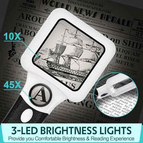Compact Magnifying Glass with Lights,45X 10X Small Handheld Lighted Magnifier, 3 LED Light Magnifying Glass for Reading Small Prints & Low Vision Seniors Rectangle 1PACK