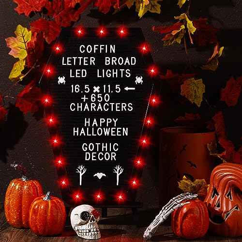Sintuff Coffin Letter Board with Stand Built in LED Lights, 620 Characters, Halloween Style Changeable Spooky Gothic Letter Board Decor for Home, Office, Bistro(Red LED Light)