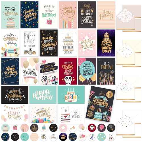 Decorably 24 Pack Foiled and Glittery 6x4in Assorted Birthday Cards with Envelopes and Stickers, 24 Unique Designs Box of Birthday Cards with Envelopes with Printed Message Inside