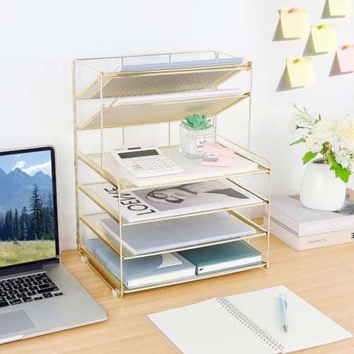 6-Tier Letter Tray Paper Organizer, Desk Organizers and Accessories, Desktop File Organizer, Office Desk Accessories for Office Supplies (Gold)