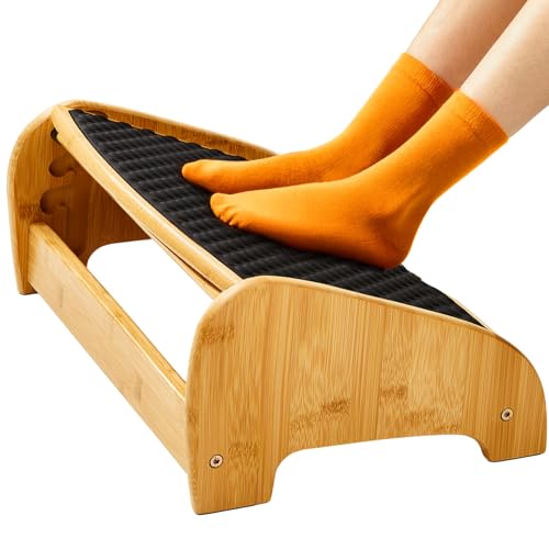 HUANUO Bamboo Under Desk Footrest with 4 Heights and Massage Texture - 16.93 x 11.34 x 6.89 in