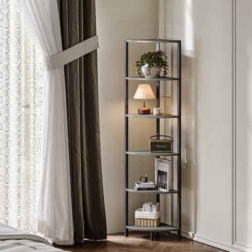6 Tier Corner Shelf 63.1" Tall Corner Shelves Stand Ladder Shelf Grey Woodgrain Industrial Standing Bookshelf Organizer Display Rack Bookcase Plant Stand for Living Room Bedroom CS-001GW
