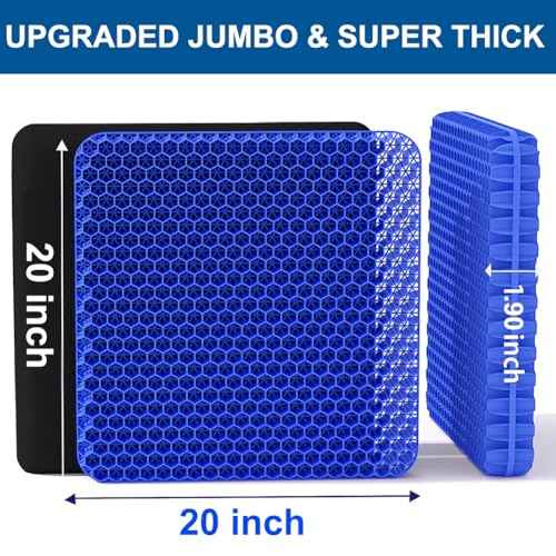 Gel Seat Cushion, Jumbo&Thick Gel Cushion Chair Pads with Non-Slip Cover for Home Office Car Seat Wheelchair, Soft Breathable Honeycomb Seat Pads for Relieve Hip Pain, Blue 20x20x1.9inch