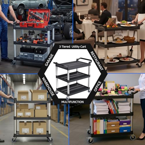 BefeShine 31.5 x 16 x 38 in 3-Tier Plastic Utility Cart with Wheels (S) – Heavy-Duty Restaurant Rolling Cart