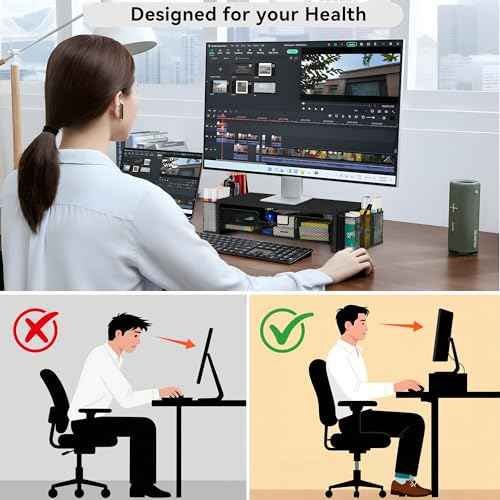 Computer Monitor Stand Riser with Drawer and Pen Holders, Desk Organizer Shelf and Accessories, Office Desk Accessories, Office Organization, Black