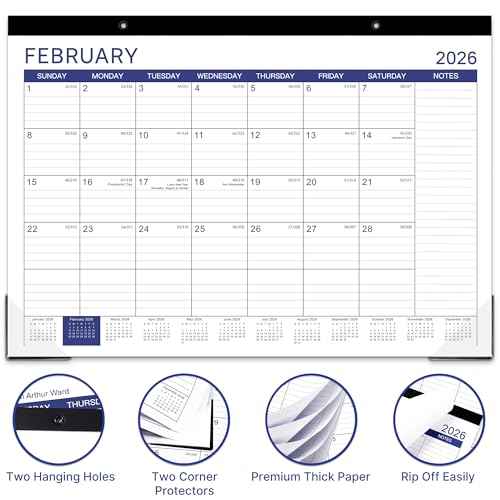 2026 Desk Calendar - Desk Calendar 2026, Jan 2026 - Dec 2026, 17" x 12", 12 Monthly Desk/Wall Calendar, Thick Paper with Corner Protectors, Large Ruled Blocks - Blue
