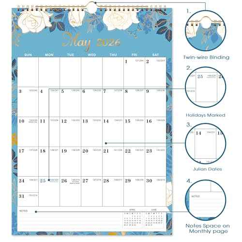 Calendar 2026 - Wall Calendar 2026, 12 x 17 In, Jan. 2026 - Dec. 2026, 12 Months Calendar 2026, Twin-Wire Binding, Hanging Hook, Thick Paper, Unruled Blocks, Julian Dates