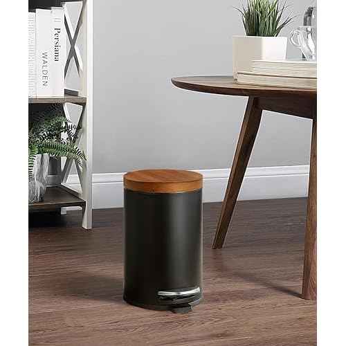 SunnyPoint Elite Bamboo Lid 4.5 Liter / 1.2 Gallon Round Trash Can with Plastic Inner Bucket; Bathroom, Office, Kitchen and Bedroom Step On and Slow Close (Black)