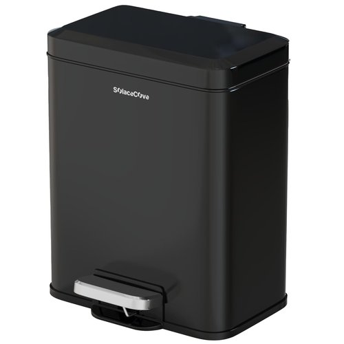 Small Bathroom Trash Can with Lid Soft Close, Stainless Steel Small Garbage Can with Removable Inner Bucket, Step Pedal, Trash Bins for Kitchen, Office, Bedroom, Dorm, Black (6L/1.6Gal)