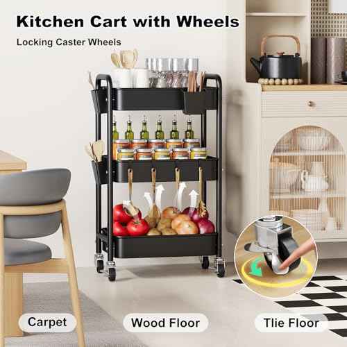 3 Tier Rolling Cart Metal with Wheels, Black Three Tiered Utility Craft Cart Organizer on Wheels, Roller Storage Carts for Baby, Diaper Caddy, Art, Snack, Nail, Lash, Cleaning, Dorm, Bathroom, Laundry