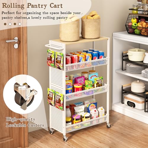Utility Slim Storage Cart 4 Tier Small Rolling Kitchen Laundry Room Organization Cart with Wood Top Metal Narrow Laundry Room Shelves Cabinet Unit Laundry Organizer Trolley with Handle for Small space