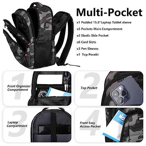 Backpack for Men Women, School Backpack with USB Charging Port, Anti Theft Carry On Flight Approved Business Work Travel 15.6 Inch Computer Laptop Backpack, BookBag for teen, Camo