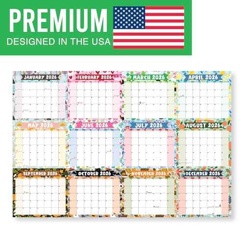 Hadley Designs Yearly Wall Calendar 2026 Large - 12 Month Dry Erase Calendar for Wall, Double-Sided, Reversible, Erasable, Reusable, Full Year Long Annual Planner - Doodle Colorful