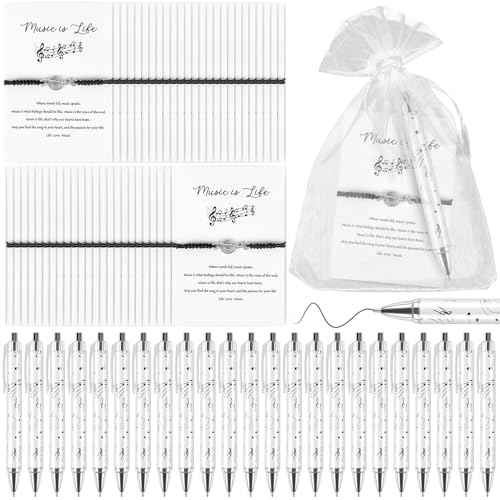 72 Sets Music Gift for Women Men Black Music Bracelet Musical Note Ballpoint Pens with Organza Bags Information Card Music Themed Gifts for Music Lovers Band Choir Teacher Grad Music Party Favor