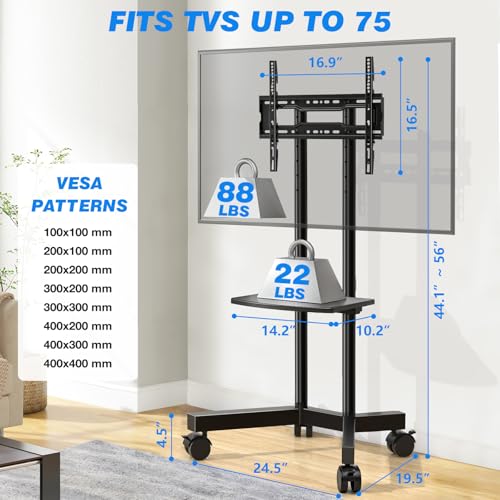Rfiver Rolling TV Stand with Shelf - Height Adjustable Mobile TV Cart for 32-75 Inch TVs, Upgraded 360° Wheels, 88 lb Capacity, With Shelf