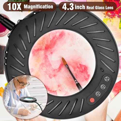 10X Magnifying Glass with Light and Stand, 5 Color Modes Stepless Dimmable LED Desk Lamp, Adjustable Flexible Gooseneck Lighted Magnifier Hands Free for Close Works, Crafts, Hobby, Reading, Painting