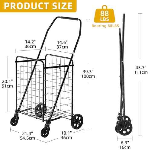 DWVO Folding Shopping Cart with Waterproof Liner, Collapsible Utility Cart with Wheels for Seniors, Portable Grocery Cart for Shopping, Laundry, Storage, and Camping
