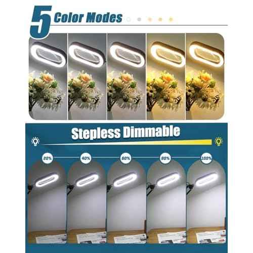 10X Rectangle Magnifying Glass with Light and stand, 2*16 Inch Swivel Arm LED Lighted Clamp Desk Lamp, 5 Color Modes Stepless Dimmable, Large Magnifier with Light for Reading Painting Craft Close Work