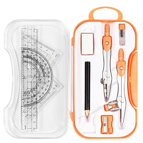 Unjoo Orange Geometry Set 10 Pcs Student Supplies with Compass & Protractor