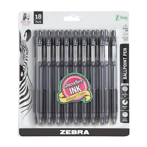 Zebra Pen Z-Grip Retractable Ballpoint Pens 18-Pack Black Ink, 1.0mm, Ergonomic Design
