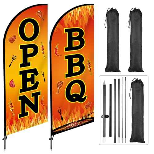 2 Sets BBQ Feather Flag for Businesses Barbecue Swooper Banner Sign with Carbon Fiber Pole and Advanced Ground Stake Portable Bag Open Advertising Flag Banner for Business Advertising Outside