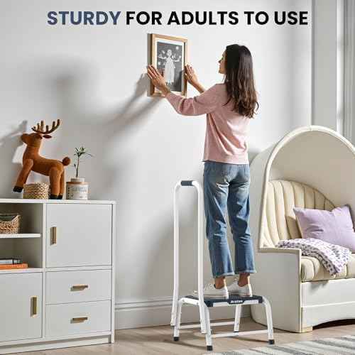 Step Stools with Handle, Stepping Stool for Adults Ederly Seniors Metal Stools with Handrail with Non-Slip Step Platform Metal Stepping Stool in Kitchen, Bathroom, Bedroom, 330 Lbs Capacity