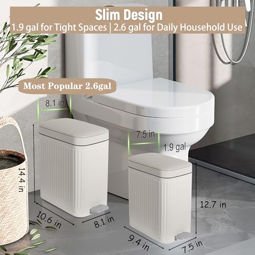 Rejomiik 1.9 Gallon Small Bathroom Trash Can with Lid, Soft Close Step, Cream