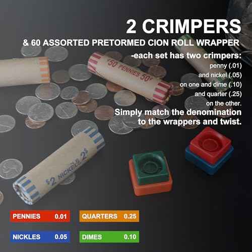L LIKED 60 Assorted Coin Roll Wrappers with Color Coded Coin Wrapper Crimping Tool -(Quarters, Pennies, Nickels and Dimes)