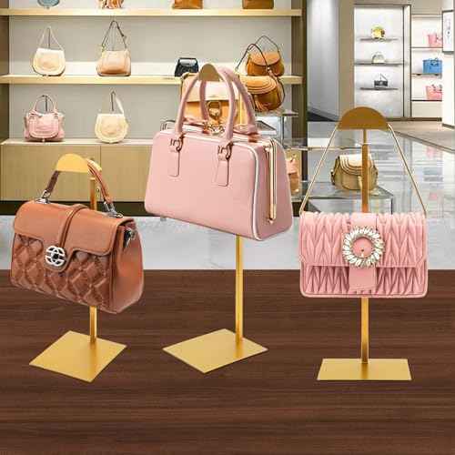 Purse Display Stand,3 Pack Gold Purse Stands for Display,Stainless Steel Handbag Display Stand, Height Adjustable Shoulder Bag Holder, for Commercial Stores And Parties